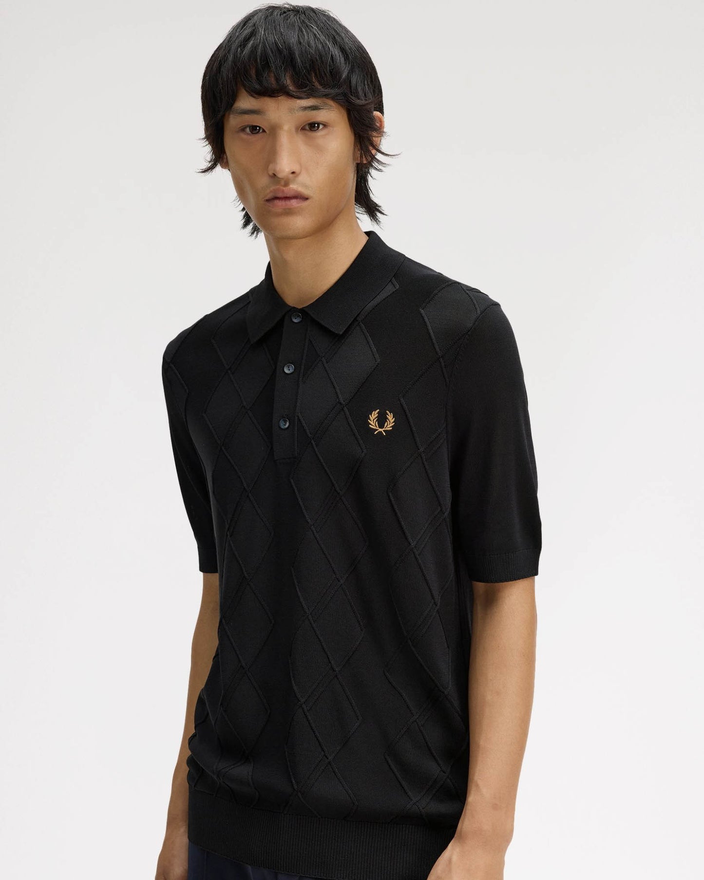 Fred Perry Mens Cable Knitted Polo Shirt - Black 102 | CHO | Designer Mens Short Sleeve Polo Shirts