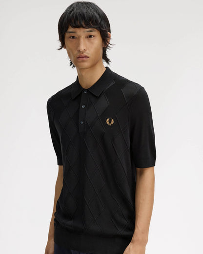 Fred Perry Mens Cable Knitted Polo Shirt - Black 102 | CHO | Designer Mens Short Sleeve Polo Shirts