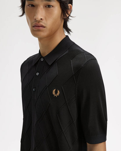 Fred Perry Mens Cable Knitted Polo Shirt - Black 102 | CHO | Designer Mens Short Sleeve Polo Shirts