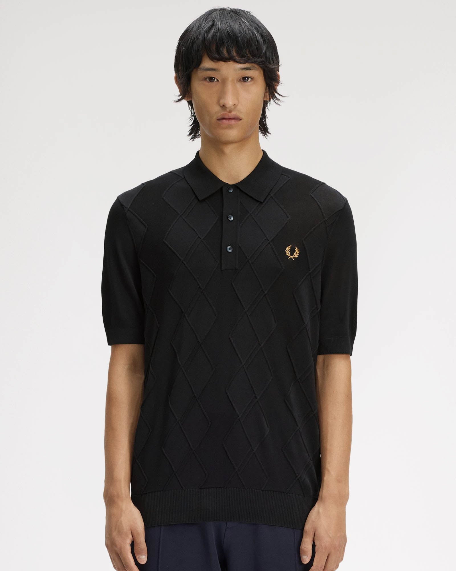 Fred Perry Mens Cable Knitted Polo Shirt - Black 102 | CHO | Designer Mens Short Sleeve Polo Shirts