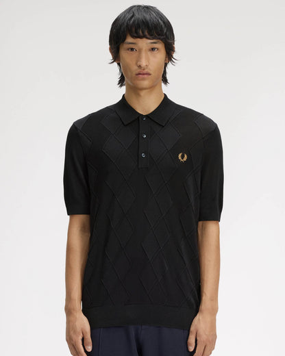 Fred Perry Mens Cable Knitted Polo Shirt - Black 102 | CHO | Designer Mens Short Sleeve Polo Shirts