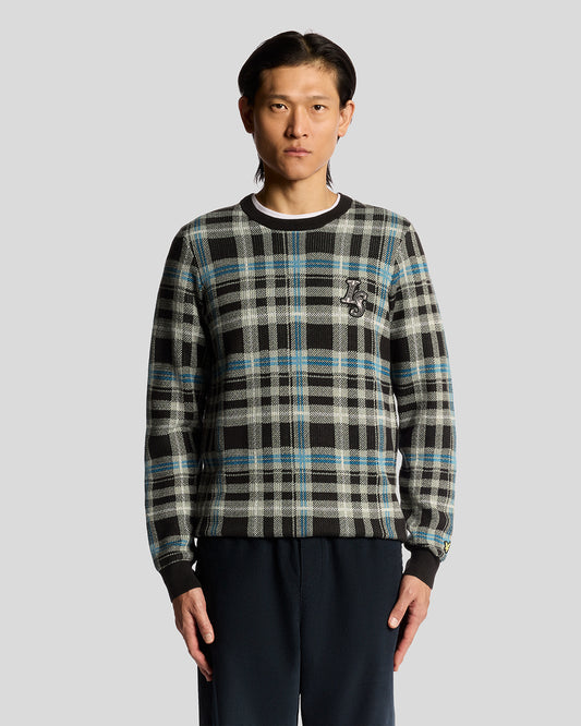 Lyle & Scott Ribbed Jacquard Tartan Crew Neck - X977 Jet Black/Mid Grey Marl