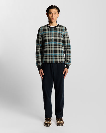 Lyle & Scott Ribbed Jacquard Tartan Crew Neck - X977 Jet Black/Mid Grey Marl