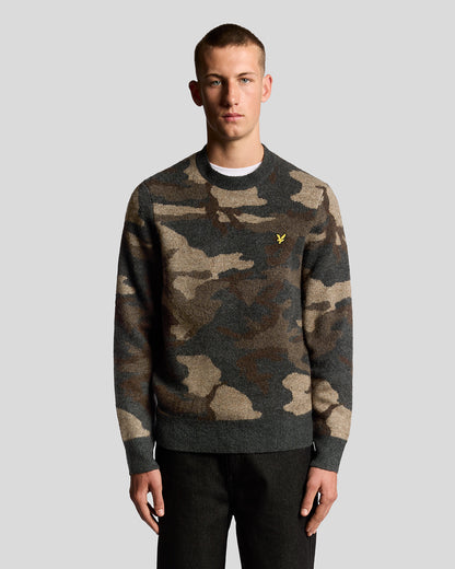 Lyle & Scott Brushed Camouflage Crew Neck Jumper - X077 Black Steel