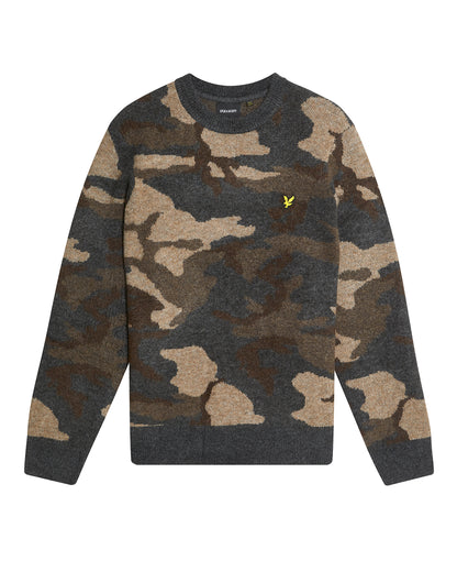 Lyle & Scott Brushed Camouflage Crew Neck Jumper - X077 Black Steel