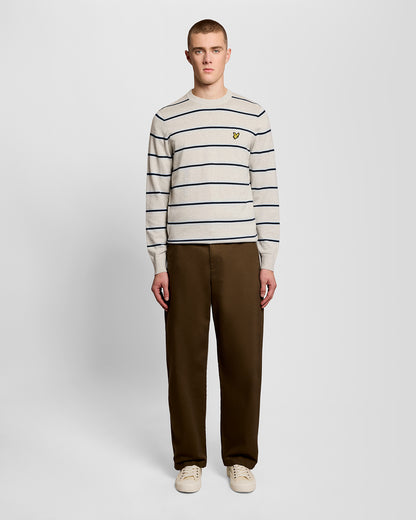 Lyle & Scott Cotton Striped Mens Crew Neck Jumper - D24 Light Grey Marl
