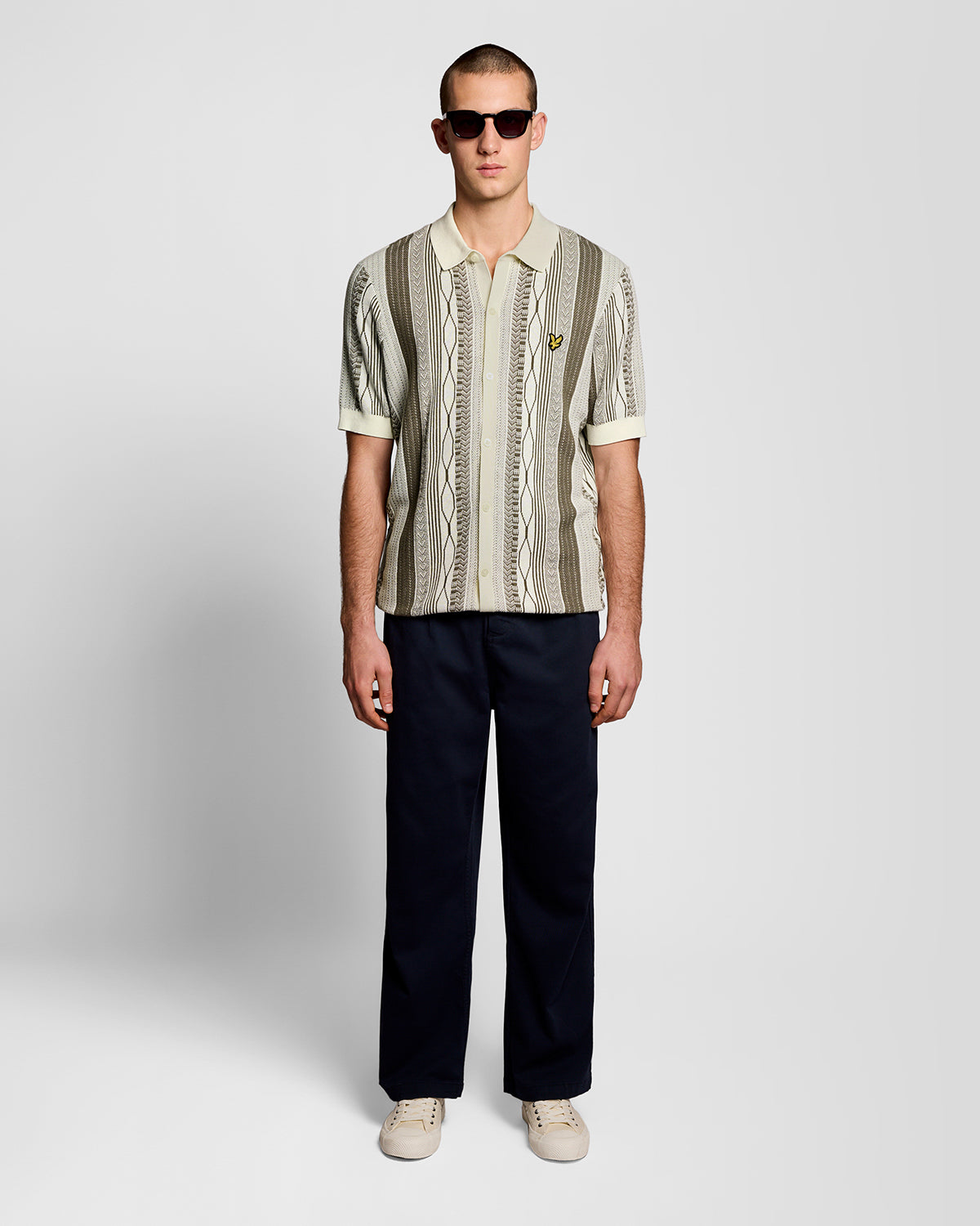 Lyle & Scott Brocade Jacquard Short Sleeve Mens Knitted Shirt - Y148 Ice Cream | CHO | Designer Mens Shirts
