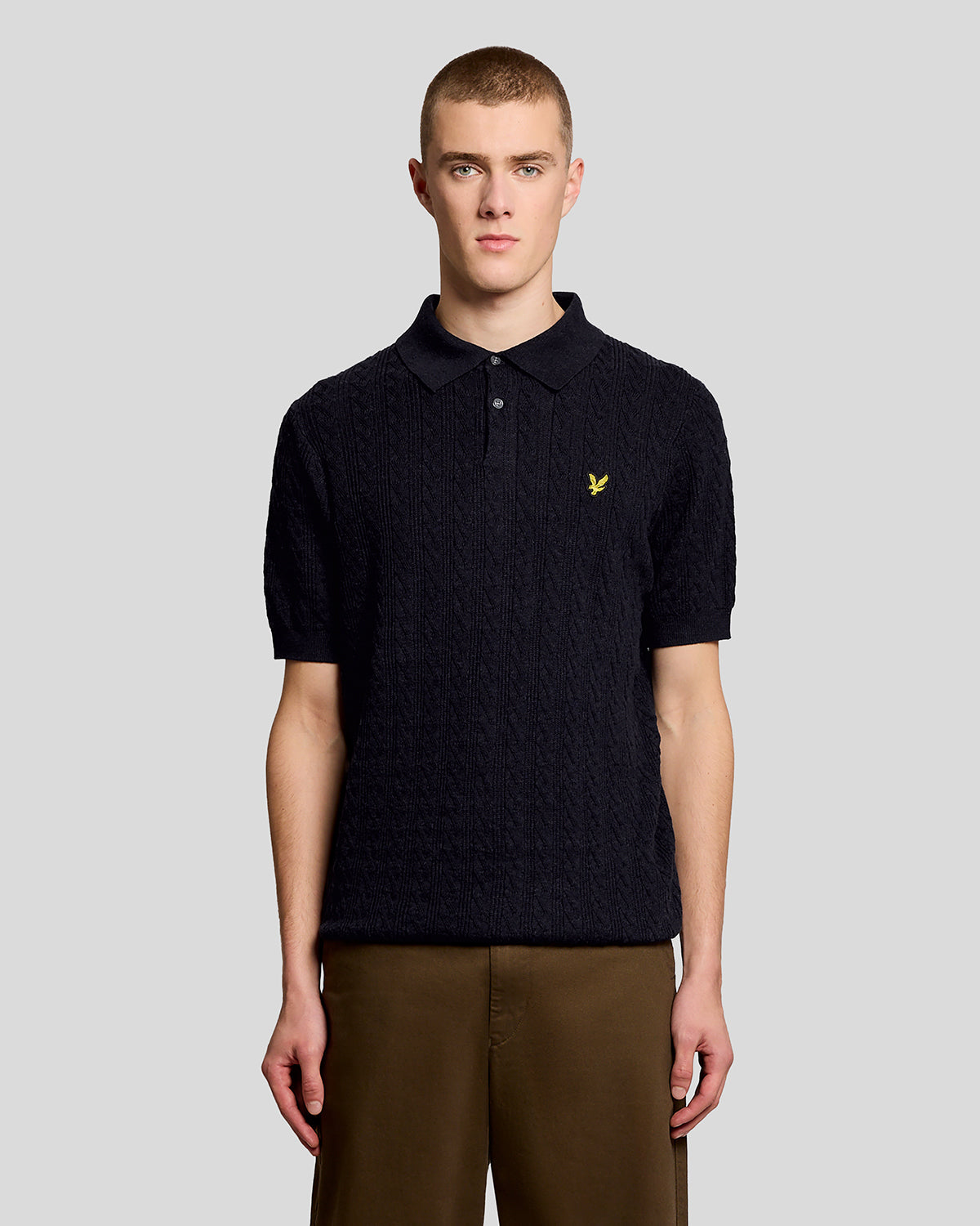 Lyle & Scott Linen Blend Short Sleeve Mens Knitted Polo - Z56 Dark Navy Marl