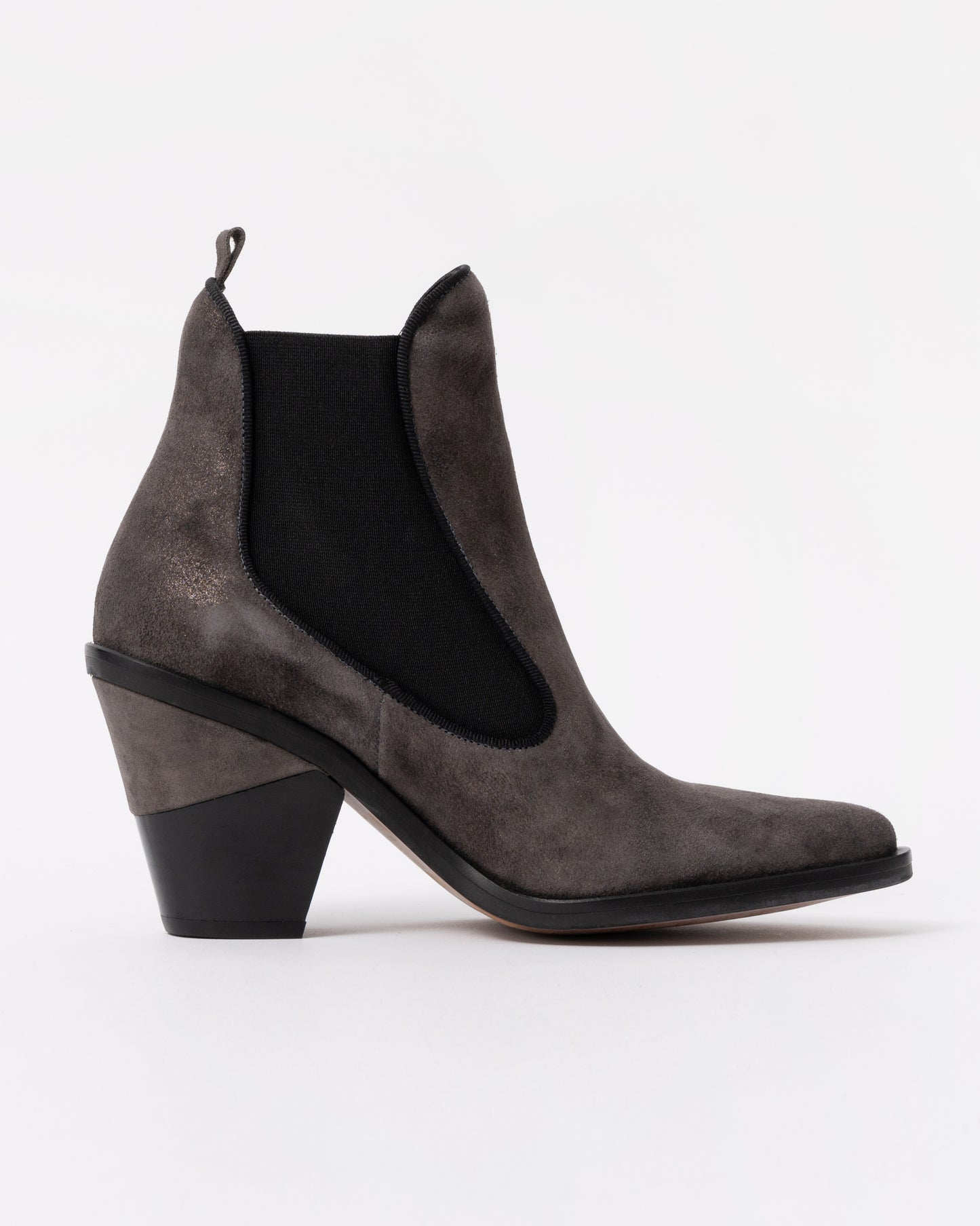 Gray suede ankle boot with a black sole on a white background