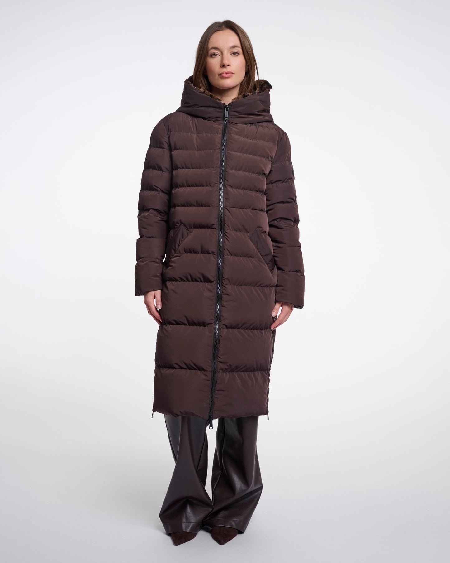 Rino & Pelle Keilafur Womens Long Padded Hooded Coat - Peated Brown Leopard | CHO | Designer Womens Padded Coat