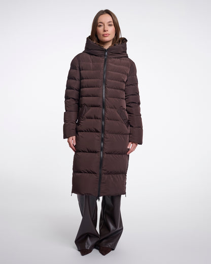 Rino & Pelle Keilafur Womens Long Padded Hooded Coat - Peated Brown Leopard | CHO | Designer Womens Padded Coat