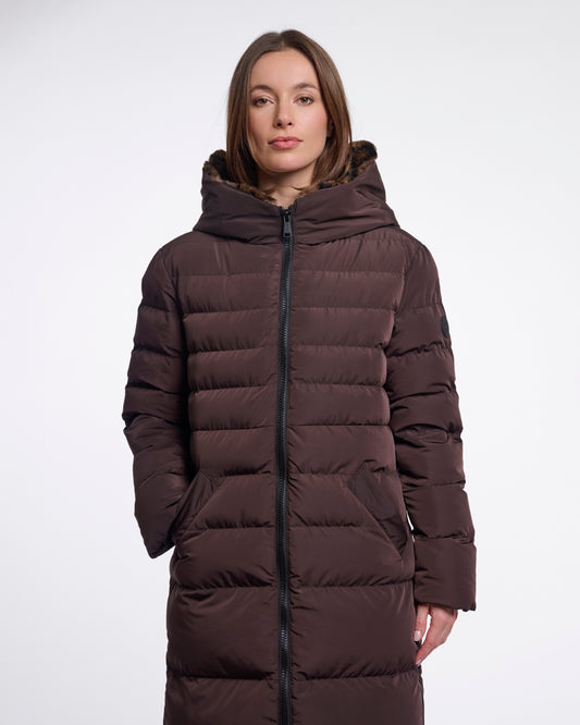 Rino & Pelle Keilafur Womens Long Padded Hooded Coat - Peated Brown Leopard