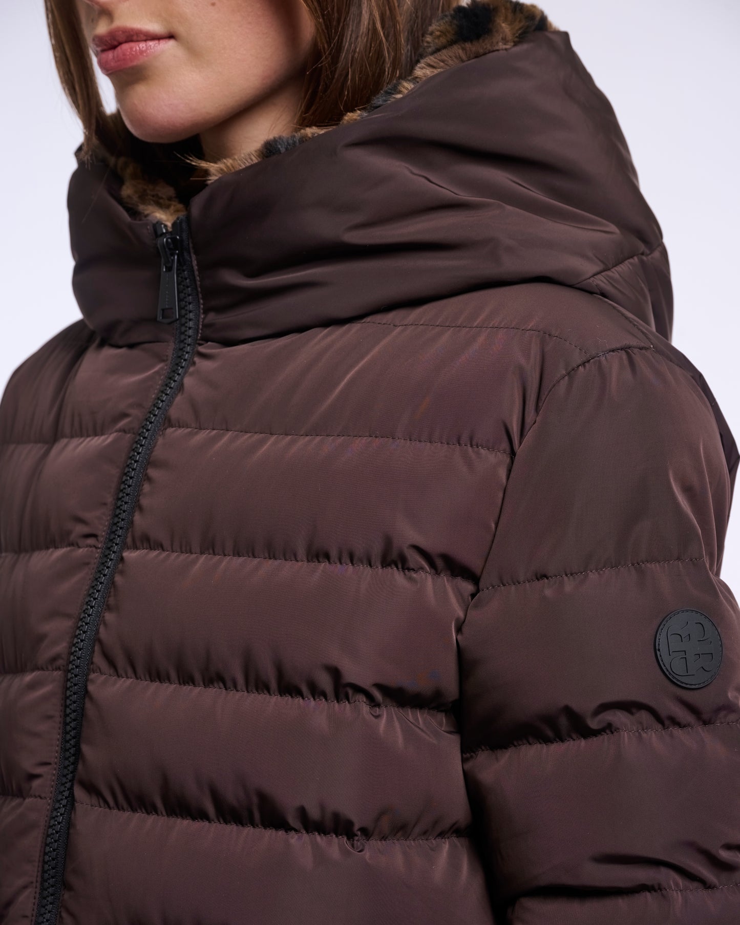 Rino & Pelle Keilafur Womens Long Padded Hooded Coat - Peated Brown Leopard | CHO | Designer Womens Padded Coat