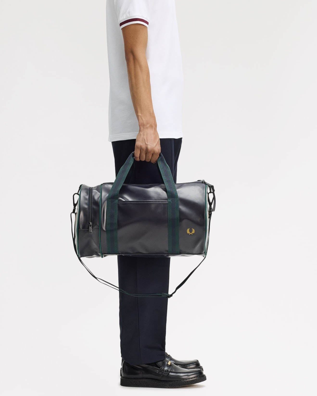 Fred Perry Recycled Polyester Classic Barrel Bag - Navy/Grassroots 83A | CHO | Designer Mens Bags
