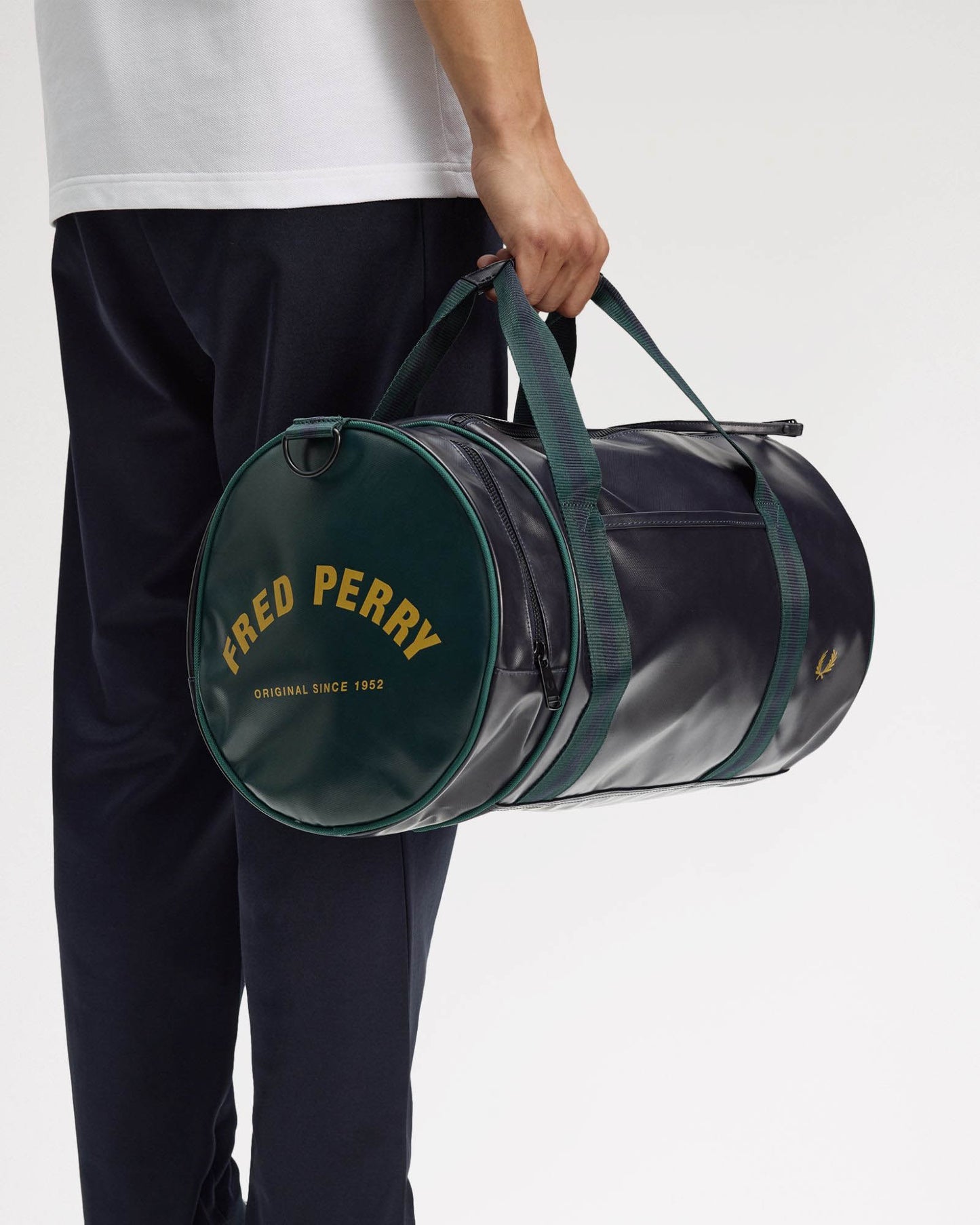 Fred Perry Recycled Polyester Classic Barrel Bag - Navy/Grassroots 83A | CHO | Designer Mens Bags