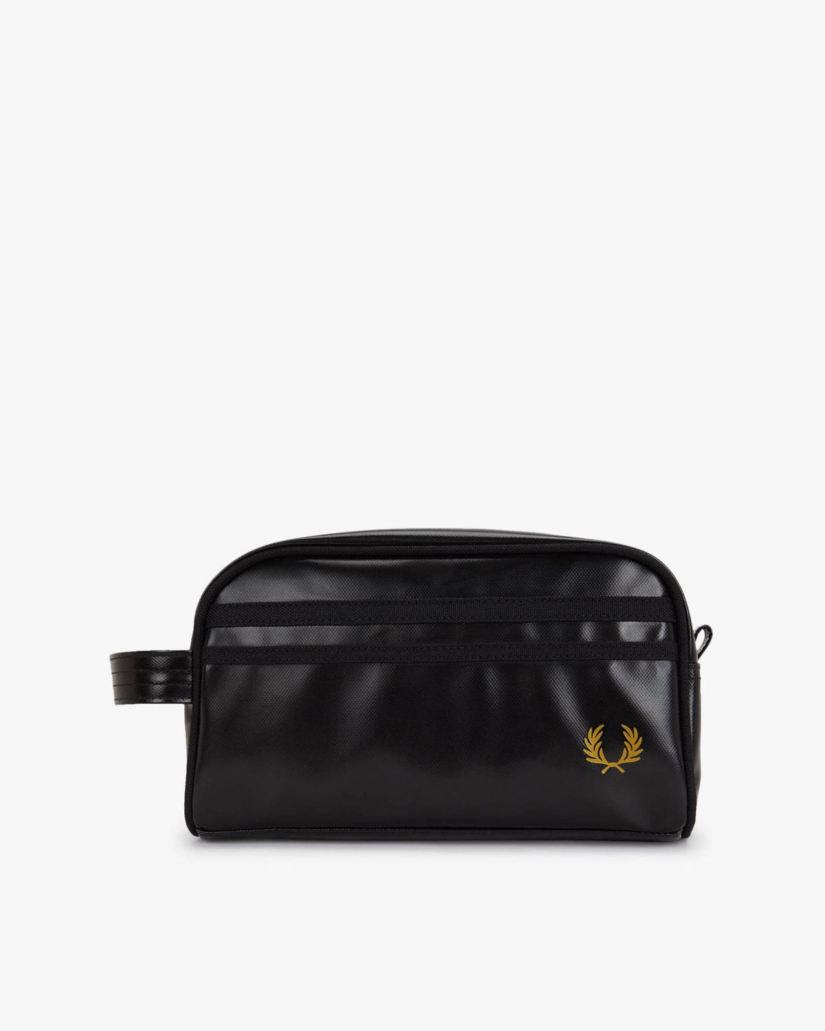 Fred Perry Mens Tonal Coated Poly Wash Bag - Black/Gold 774 front