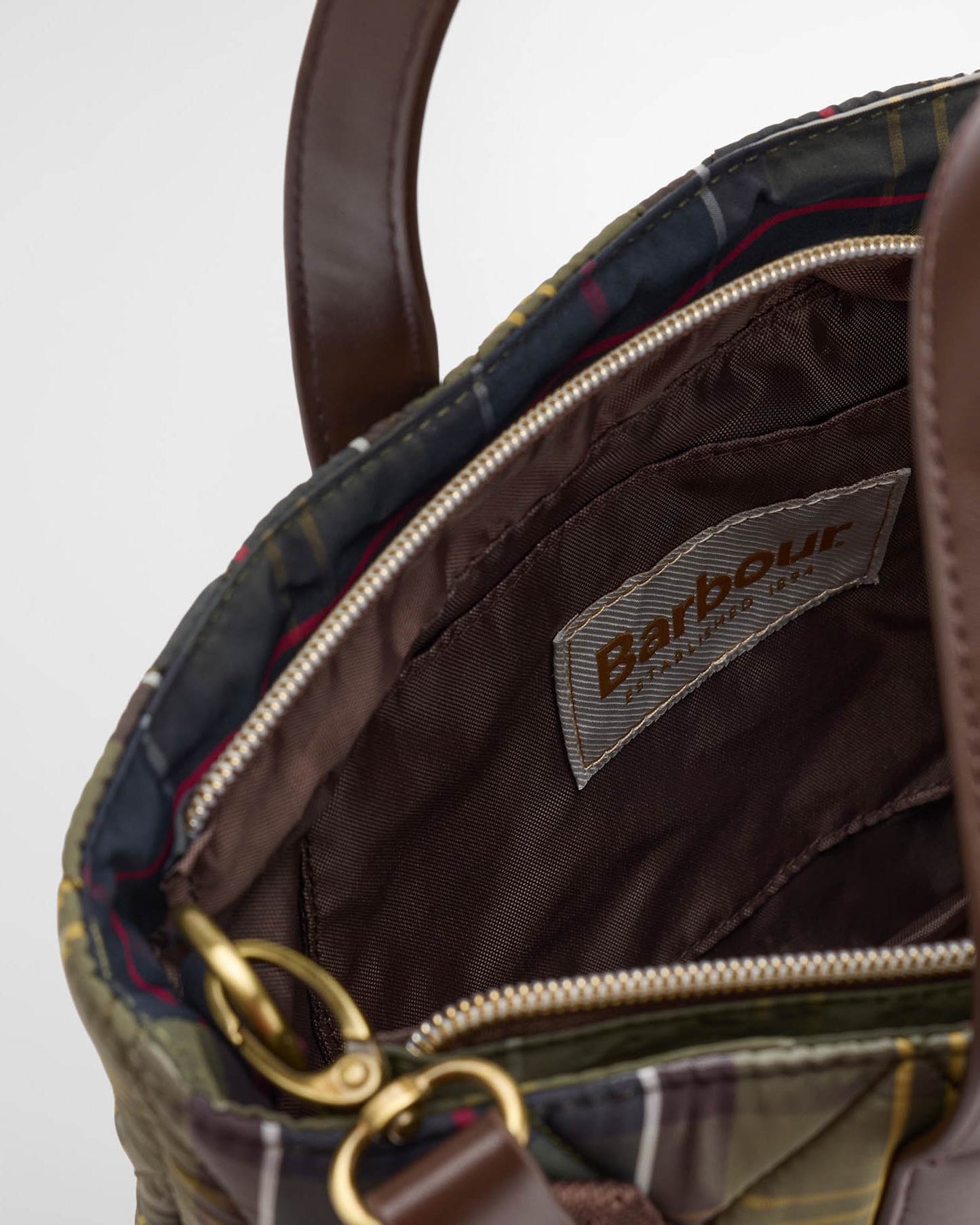 Barbour Womens Mini Quilted Tote Bag in Classic Tartan, open