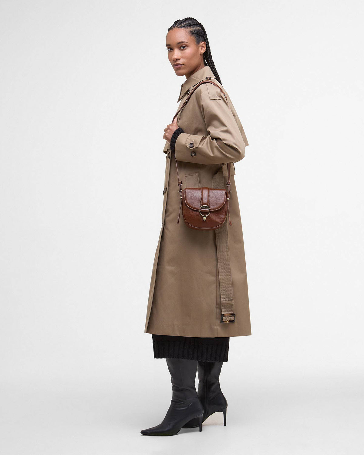 Barbour Elm Womens Leather Crossbody Bag - Brown, model.