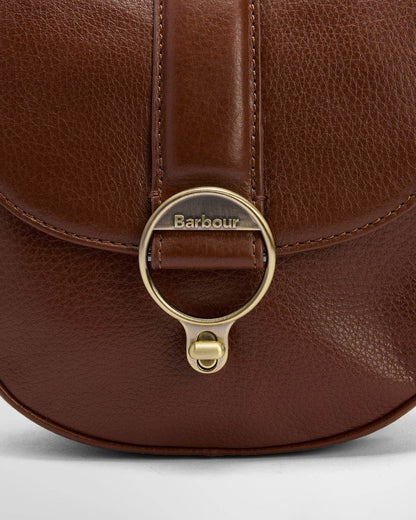 Barbour Elm Womens Leather Crossbody Bag - Brown, clasp detail.