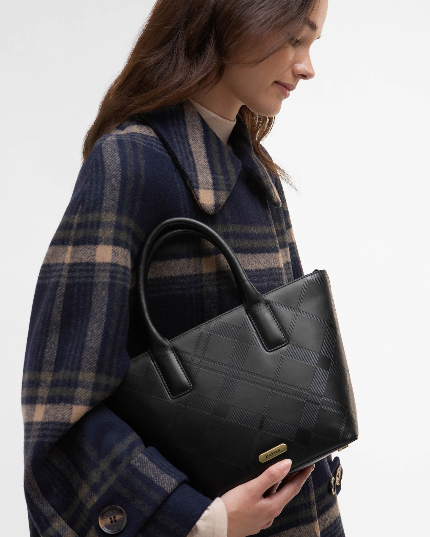 Barbour Birch Womens Deboss Leather Tote Bag - Black/Deboss Tartan