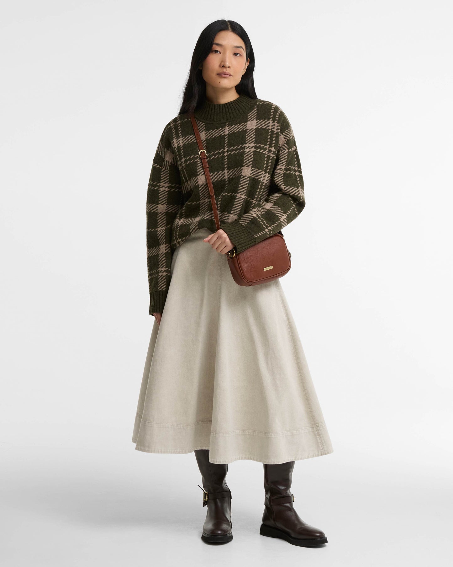 Barbour Daphne Womens Mini Leather Crossbody Bag in Brown, on model