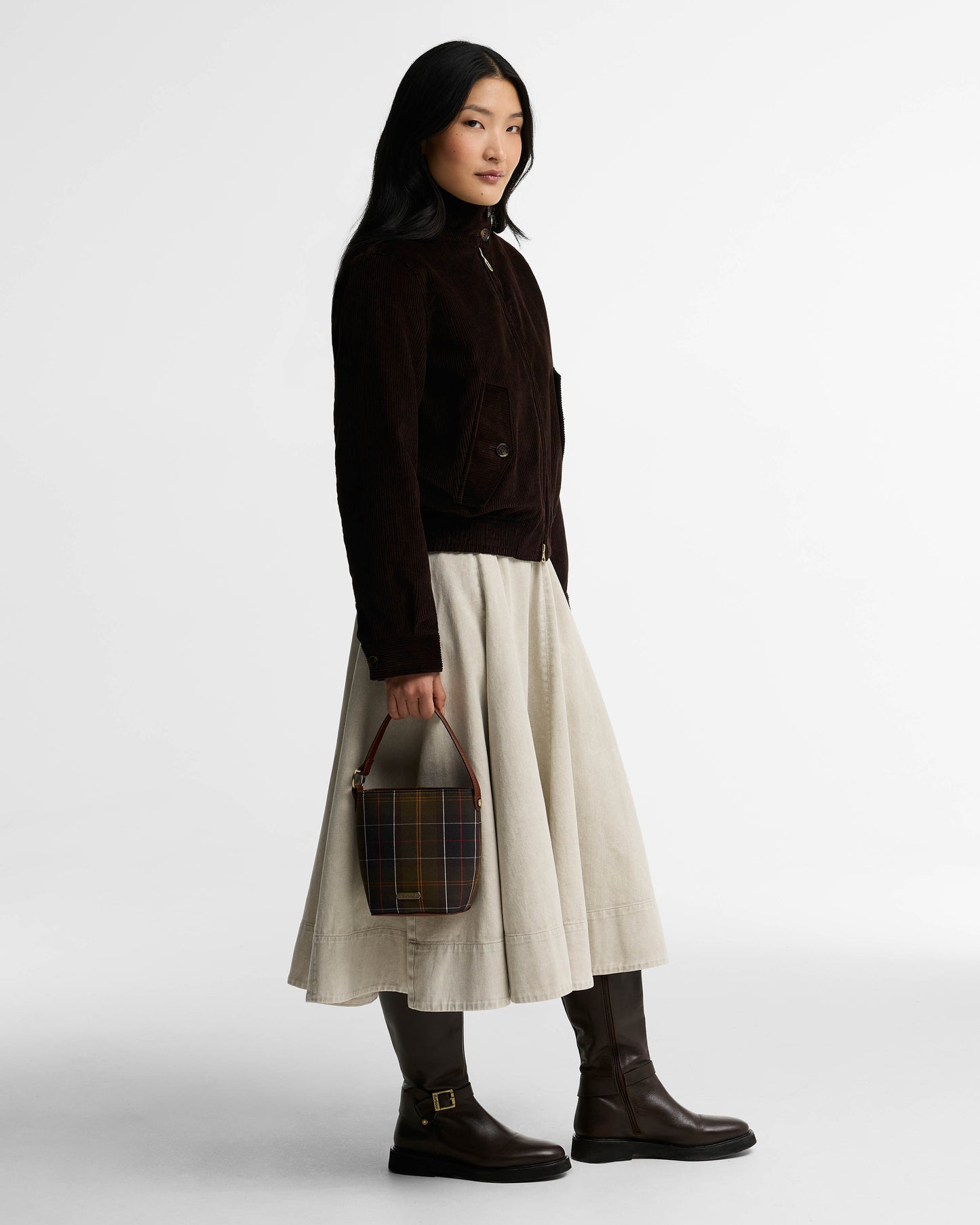 Barbour Cedar Womens Mini Tartan Bucket Bag - Classic Tartan. Model, handle.