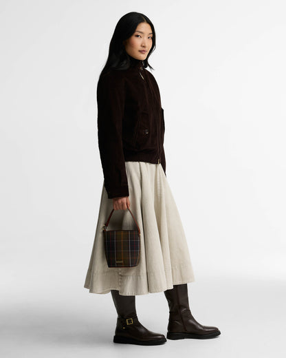 Barbour Cedar Womens Mini Tartan Bucket Bag - Classic Tartan. Model, handle.