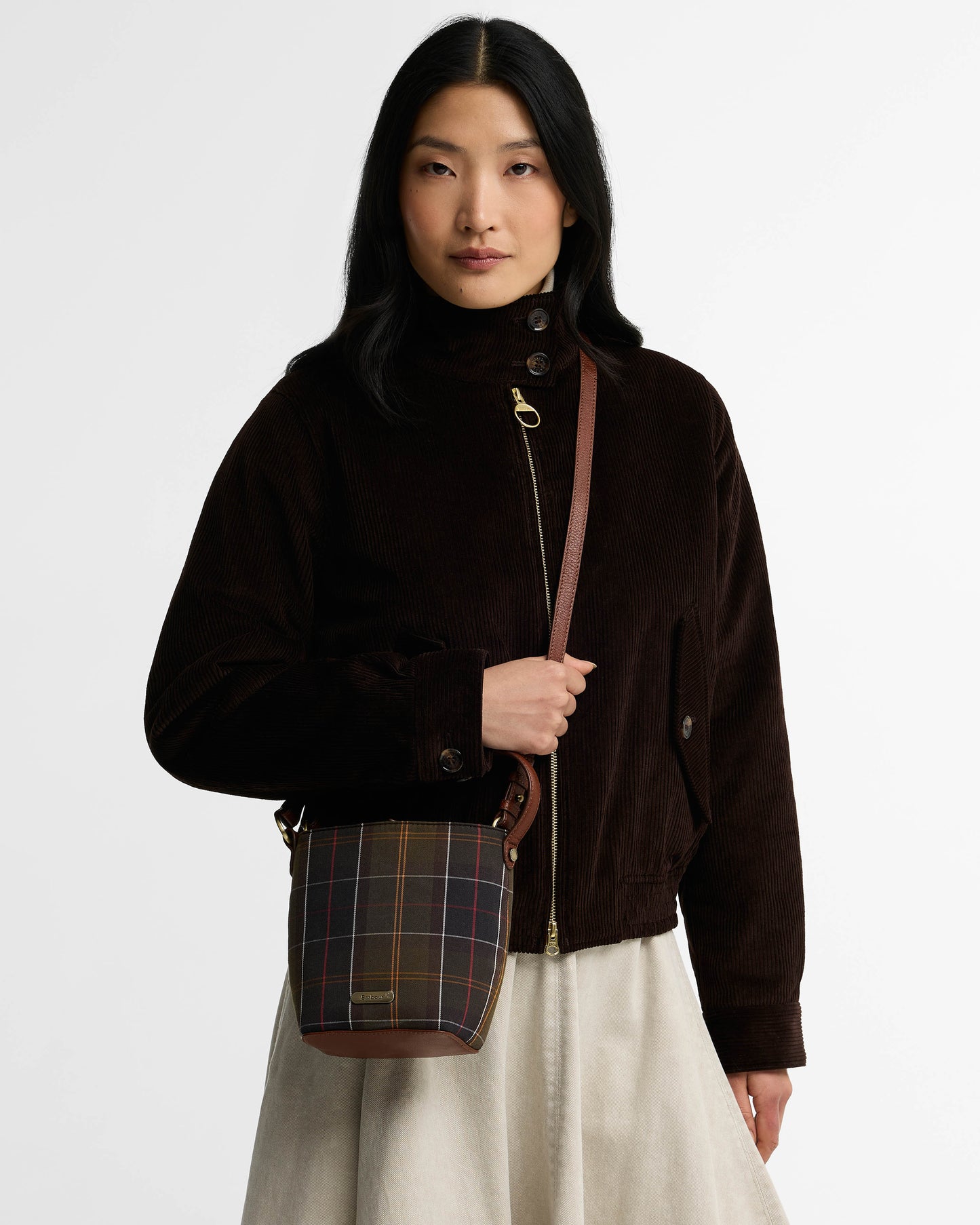 Barbour Cedar Womens Mini Tartan Bucket Bag - Classic Tartan. Model, strap.