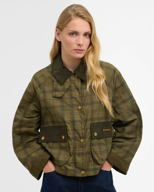 Barbour Tartan Cropped Beadnell Womens Casual Jacket - Dusky Green Tartan/Highland | CHO | Designer Womens Jackets