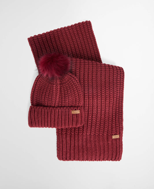 Barbour Saltburn Beanie & Scarf Gift Set - Cranberry | CHO | Designer Unisex Gift Sets