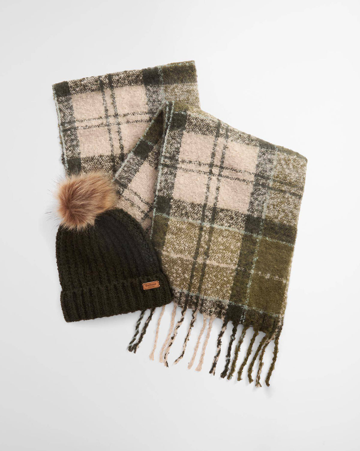 Barbour Saltburn Beanie & Tartan Scarf Set - Ancient Loden/Dk Green - CHO - Designer Unisex Outfit Sets