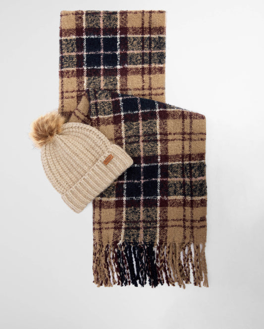 Barbour Saltburn Beanie & Tartan Scarf Set - Gardenia Tartan