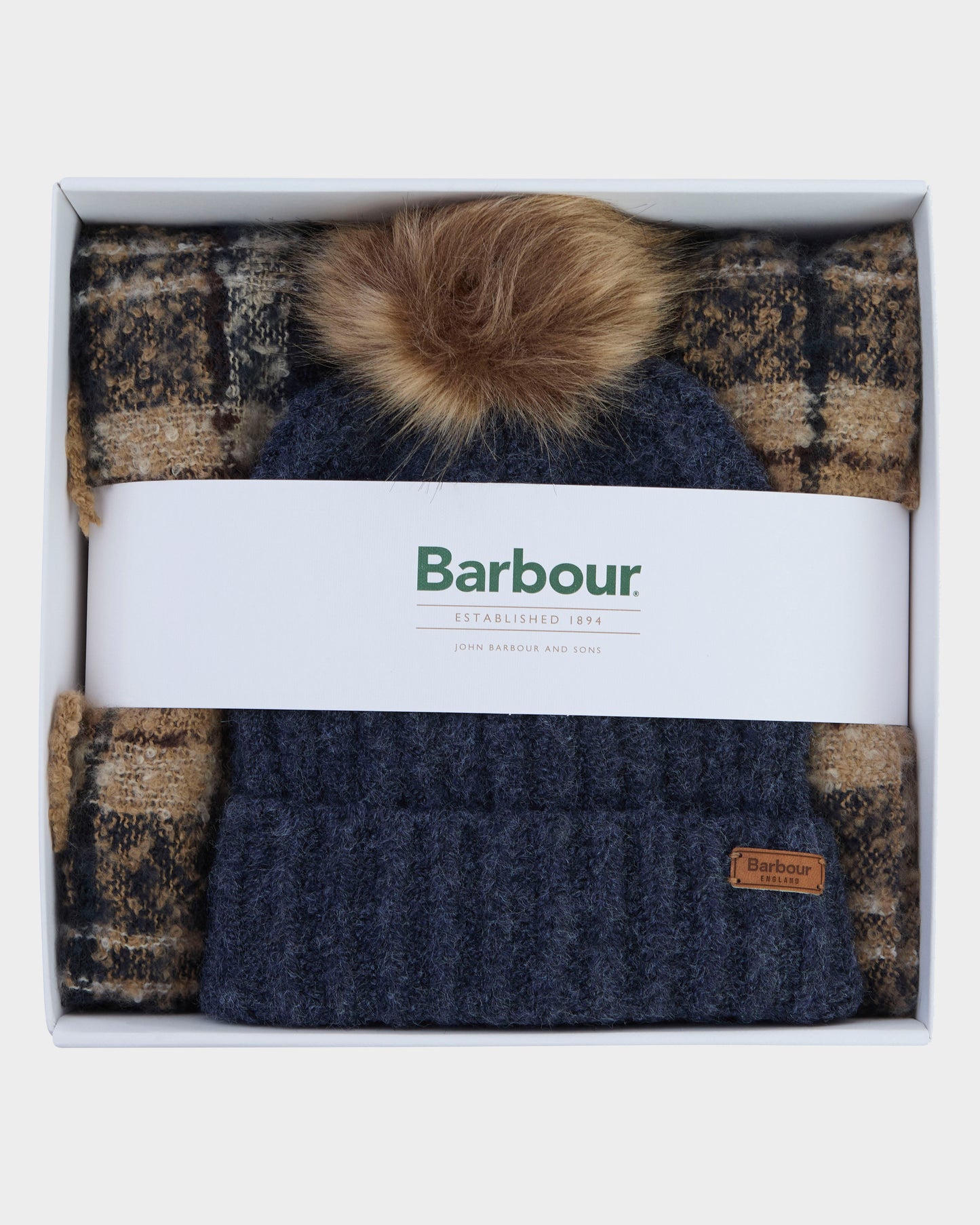 Barbour Saltburn Beanie & Tartan Scarf Set - Birchwood | CHO | Designer Unisex Outfit Sets