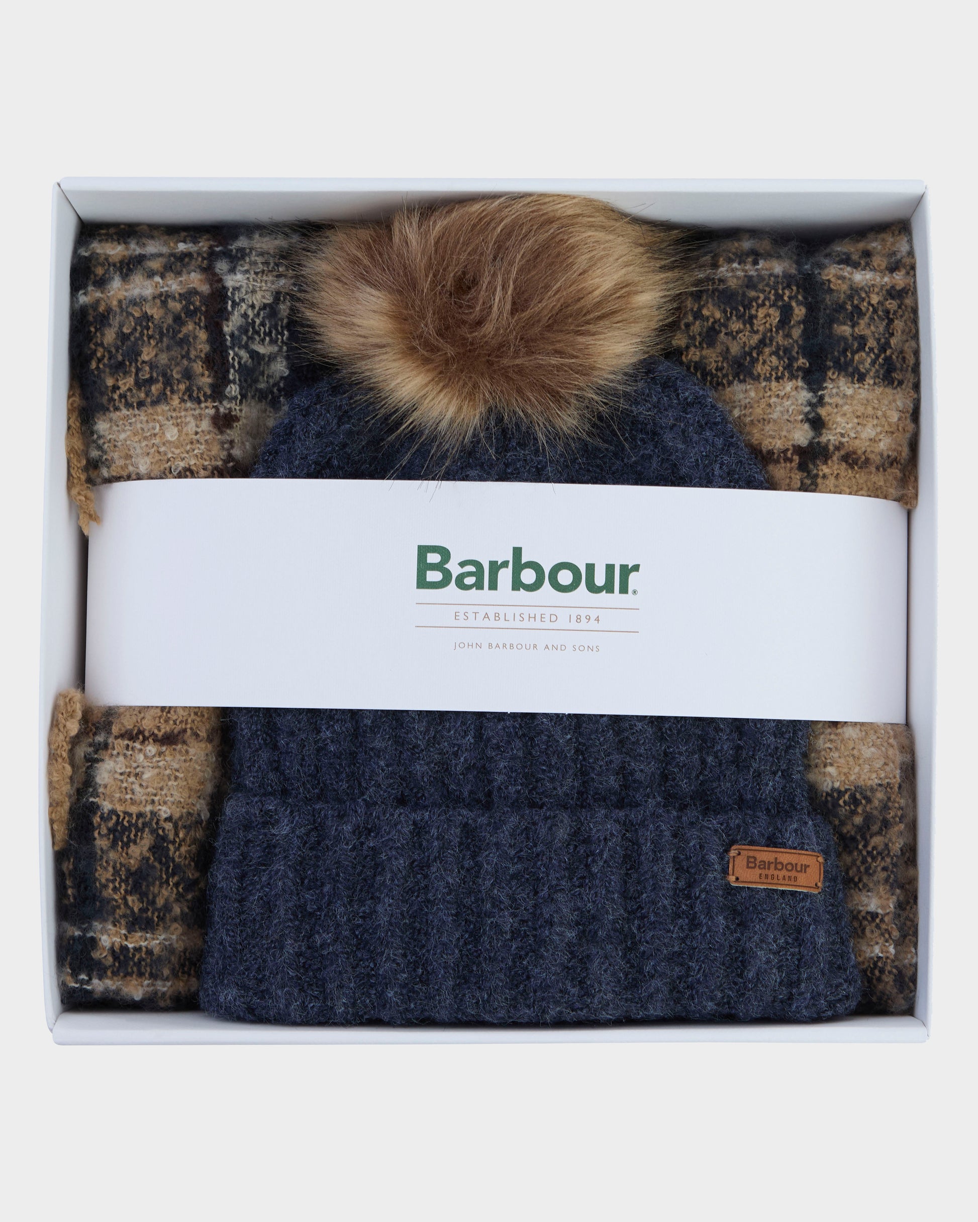 Barbour Saltburn Beanie & Tartan Scarf Set - Birchwood | CHO | Designer Unisex Outfit Sets