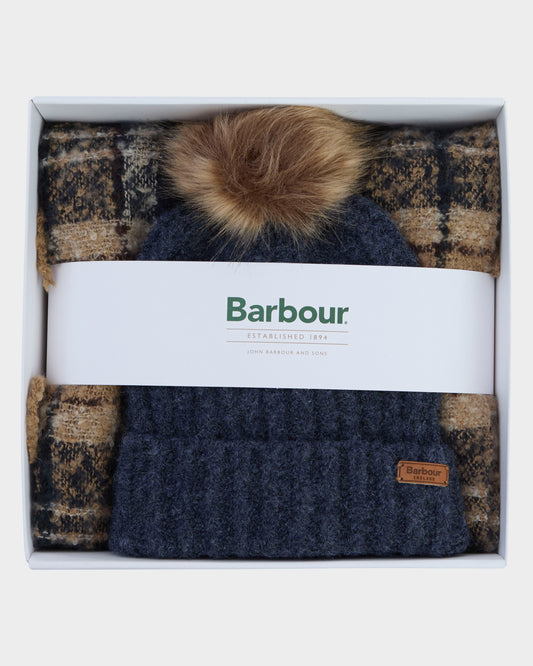 Barbour Saltburn Beanie & Tartan Scarf Set - Birchwood