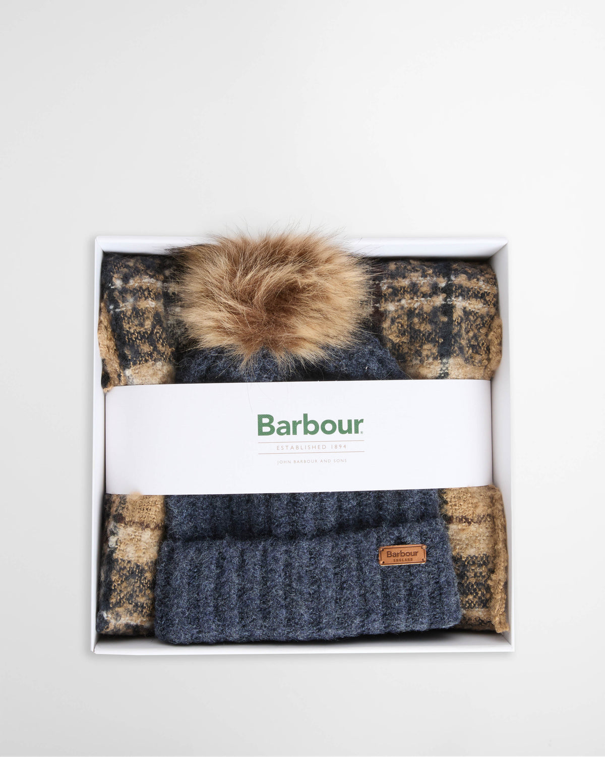 Barbour Saltburn Beanie & Tartan Scarf Set - Birchwood | CHO | Designer Unisex Outfit Sets