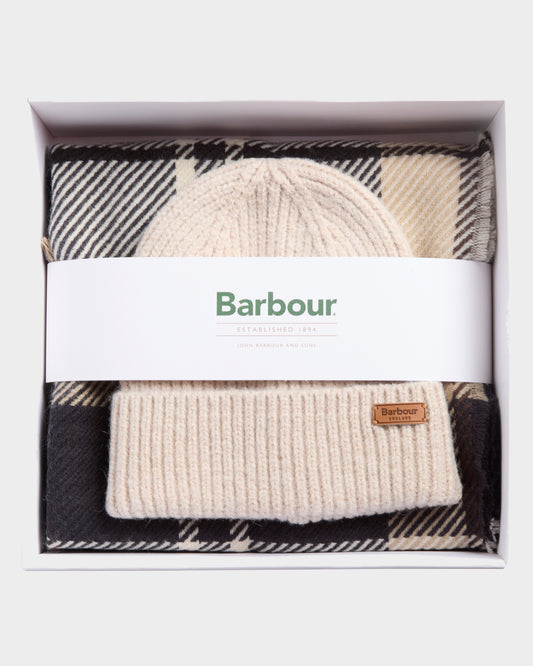 Barbour Womens Pendle Beanie & Blair Scarf Gift Set - Light Birchwood Tartan
