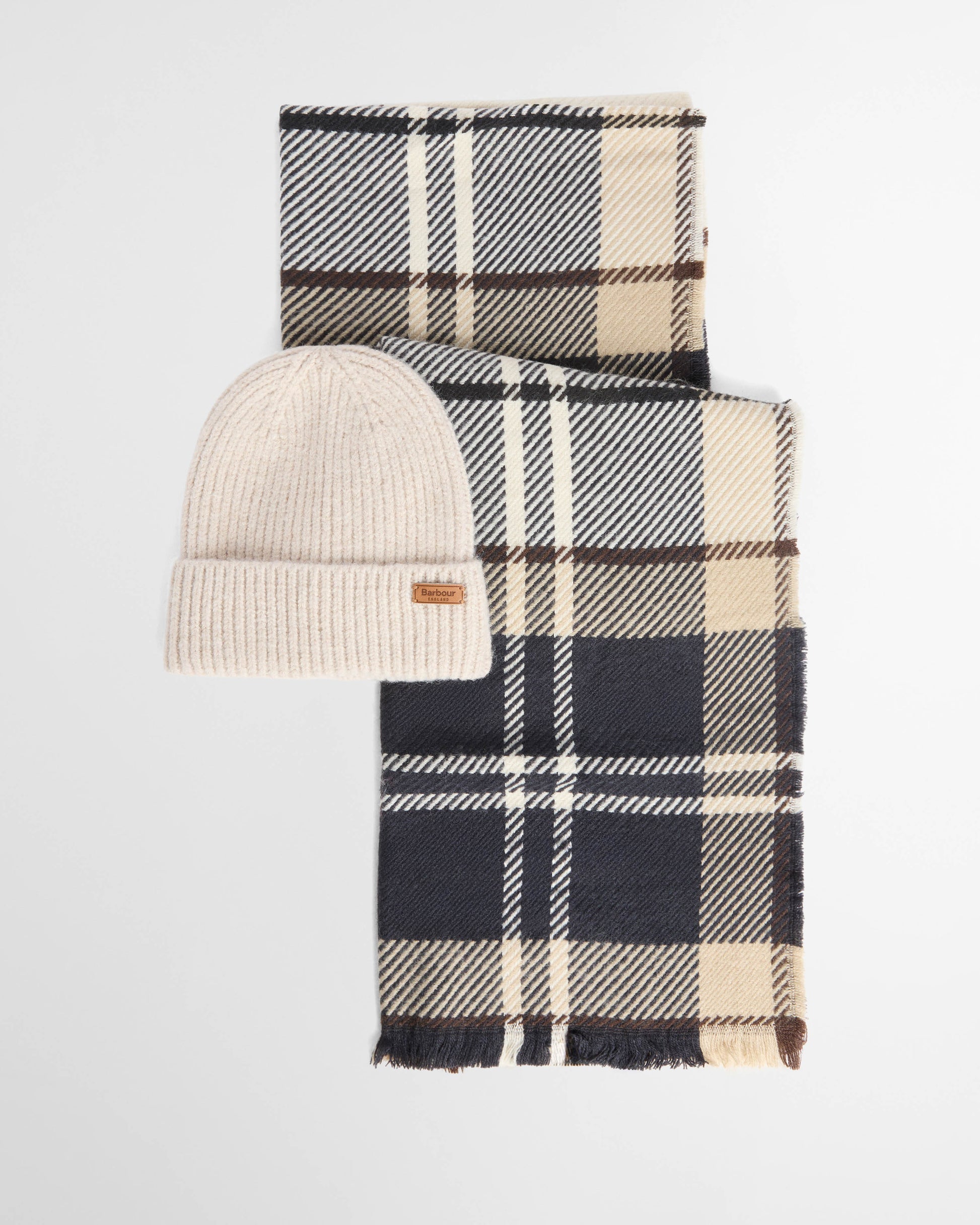 Barbour Womens Pendle Beanie & Blair Scarf Gift Set - Light Birchwood Tartan | CHO | Designer Womens Accessory Gift Sets