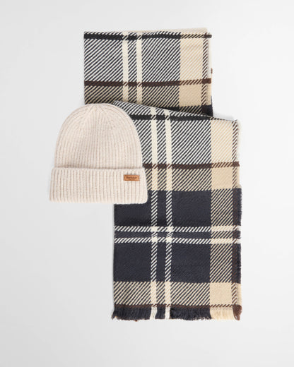 Barbour Womens Pendle Beanie & Blair Scarf Gift Set - Light Birchwood Tartan | CHO | Designer Womens Accessory Gift Sets