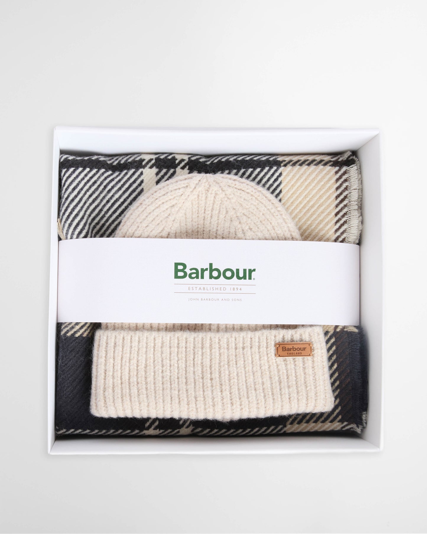 Barbour Womens Pendle Beanie & Blair Scarf Gift Set - Light Birchwood Tartan | CHO | Designer Womens Accessory Gift Sets