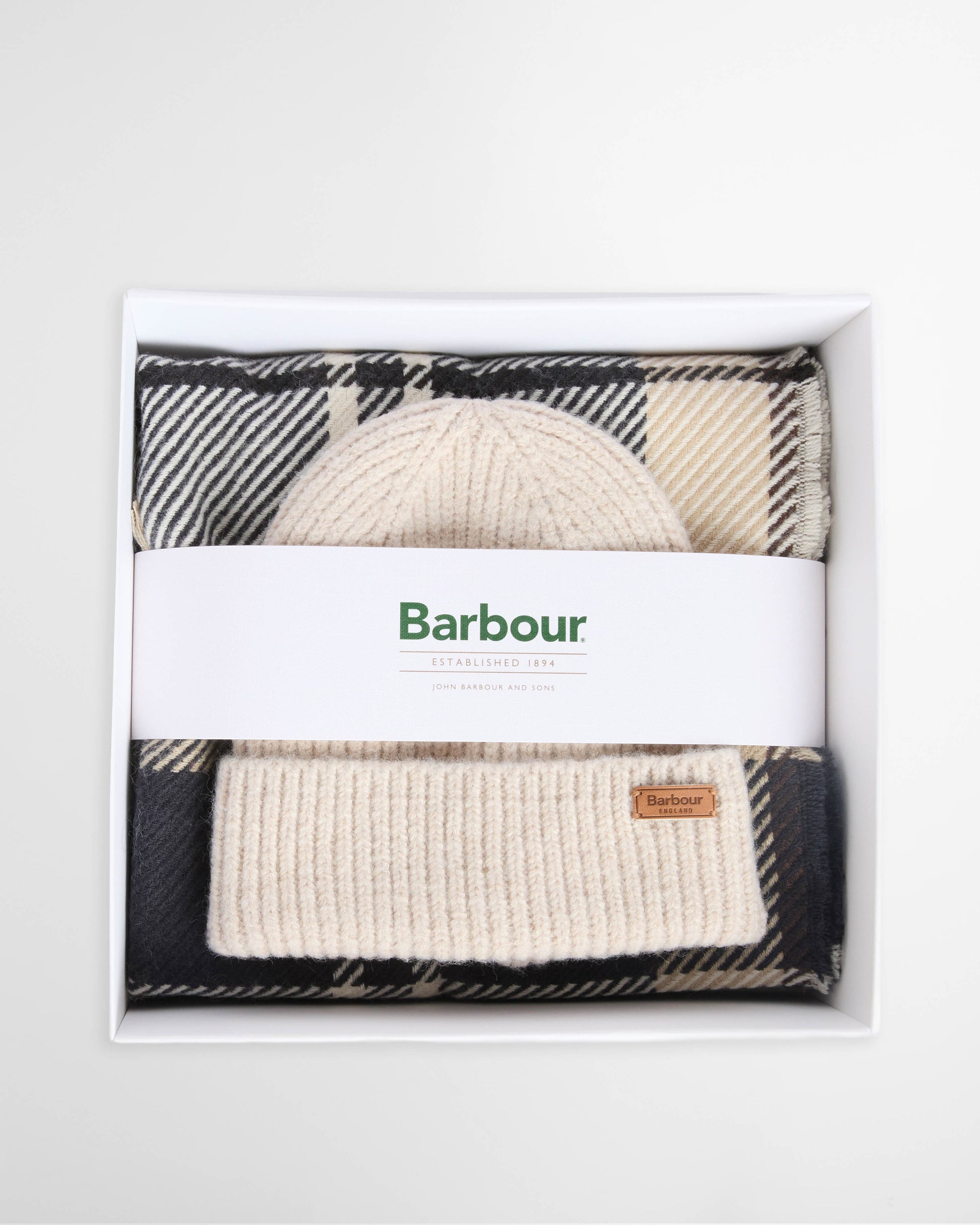 Barbour Womens Pendle Beanie & Blair Scarf Gift Set - Light Birchwood Tartan | CHO | Designer Womens Accessory Gift Sets