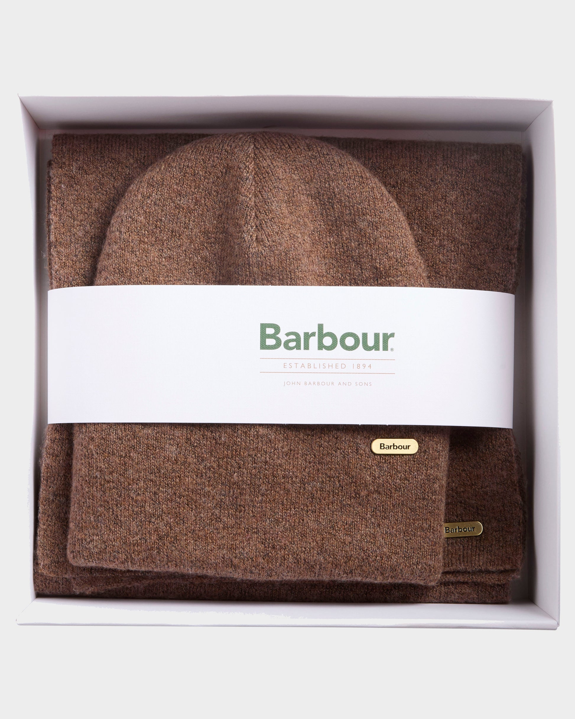 Barbour Winona Womens Beanie & Scarf Gift Set - Mocha | CHO | Designer Womens Accessory Gift Sets