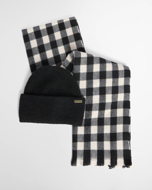 Barbour International Kemora Womens Beanie & Scarf Gift Set - Black/Moonbeam | CHO | Designer Womens Accessory Gift Sets