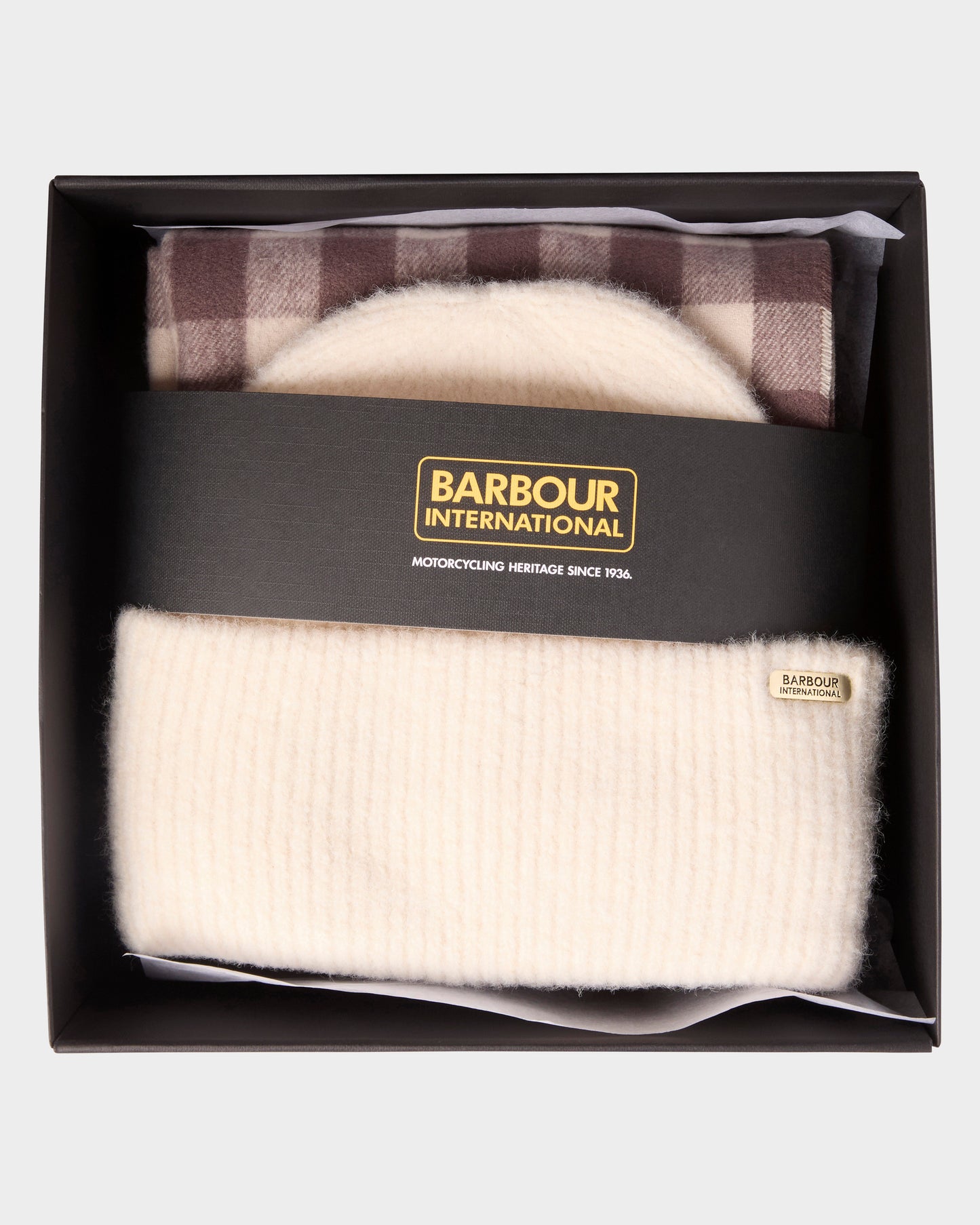 Barbour International Kemora Womens Beanie & Scarf Gift Set - Moonbeam/Truffle | CHO | Designer Womens Accessory Gift Sets