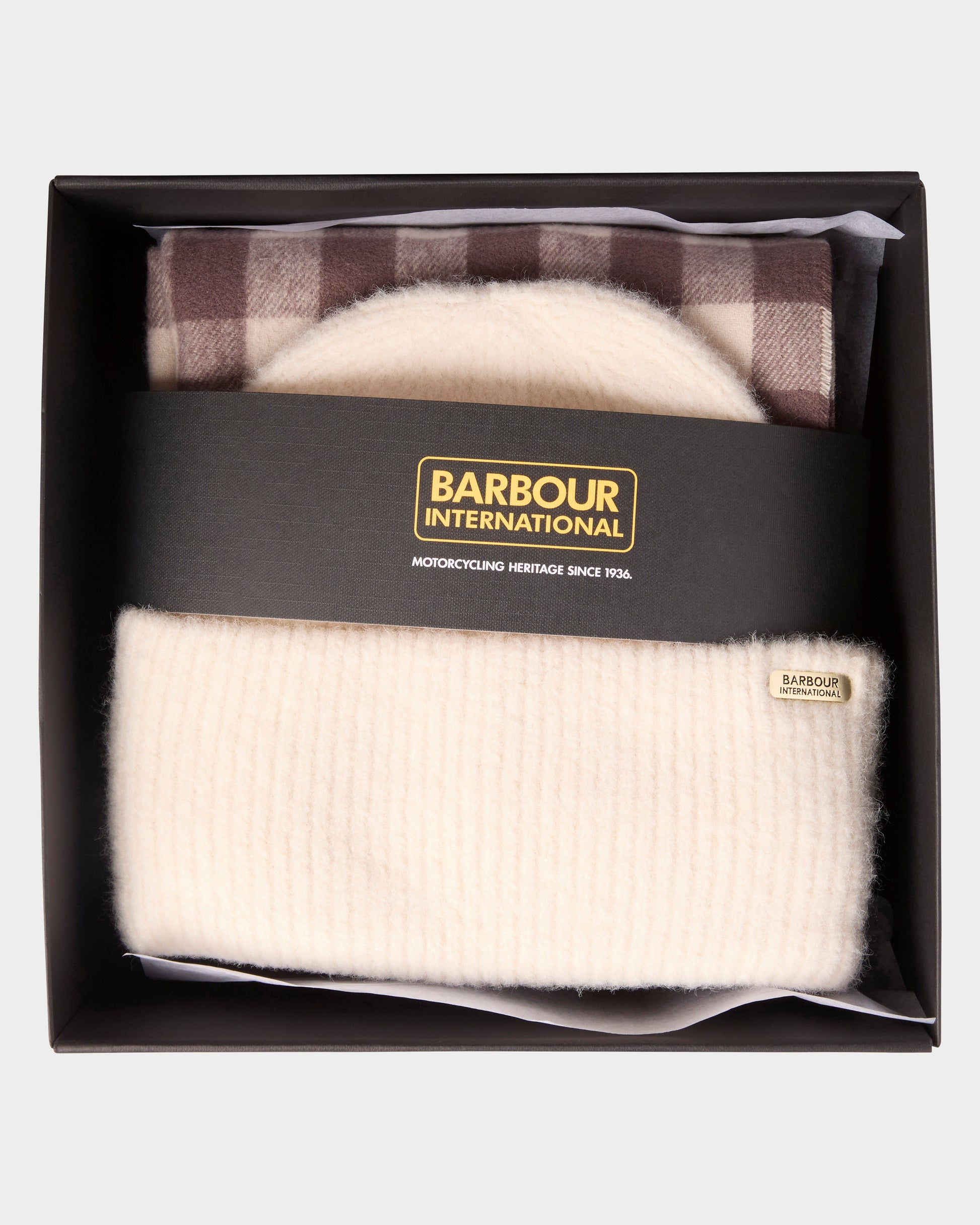 Barbour International Kemora Womens Beanie & Scarf Gift Set - Moonbeam/Truffle | CHO | Designer Womens Accessory Gift Sets