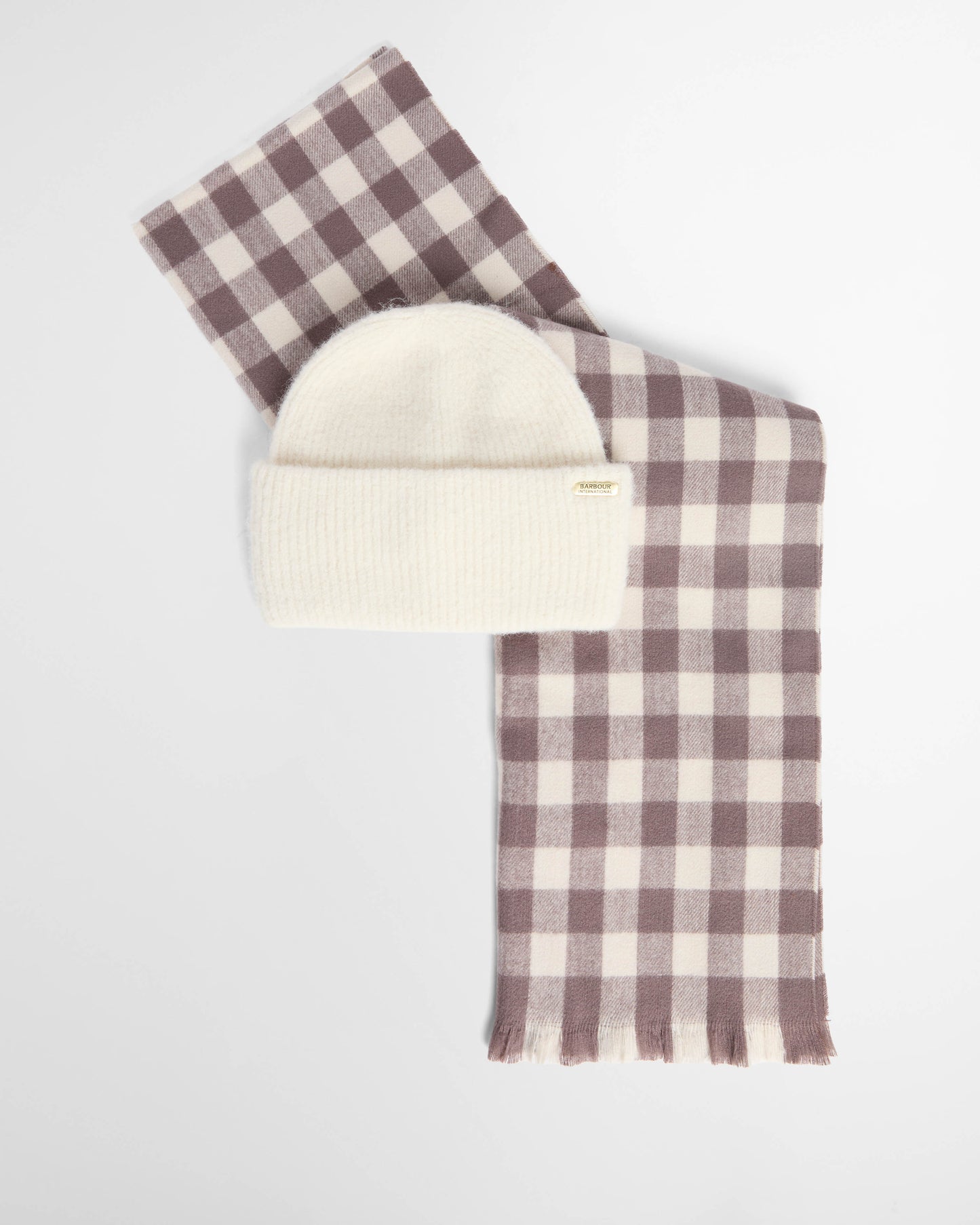 Barbour International Kemora Womens Beanie & Scarf Gift Set - Moonbeam/Truffle | CHO | Designer Womens Accessory Gift Sets