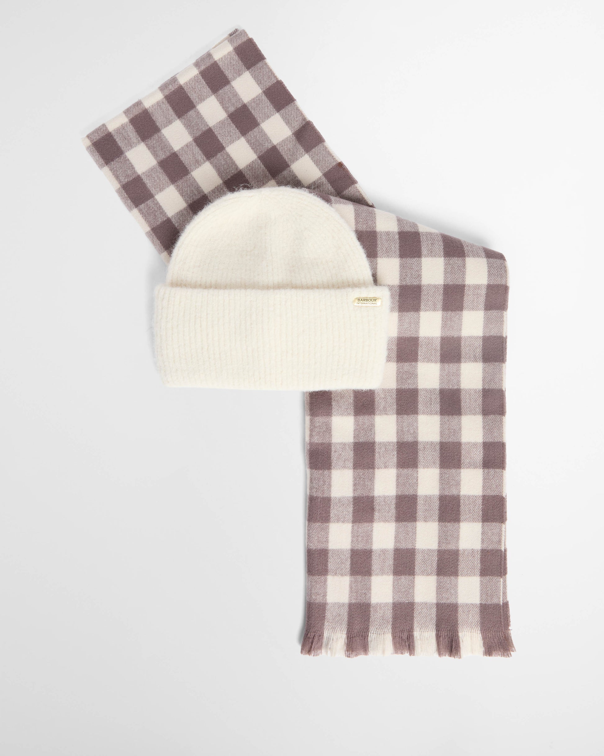Barbour International Kemora Womens Beanie & Scarf Gift Set - Moonbeam/Truffle | CHO | Designer Womens Accessory Gift Sets