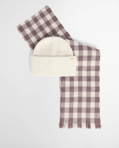 Barbour International Kemora Womens Beanie & Scarf Gift Set - Moonbeam/Truffle | CHO | Designer Womens Accessory Gift Sets