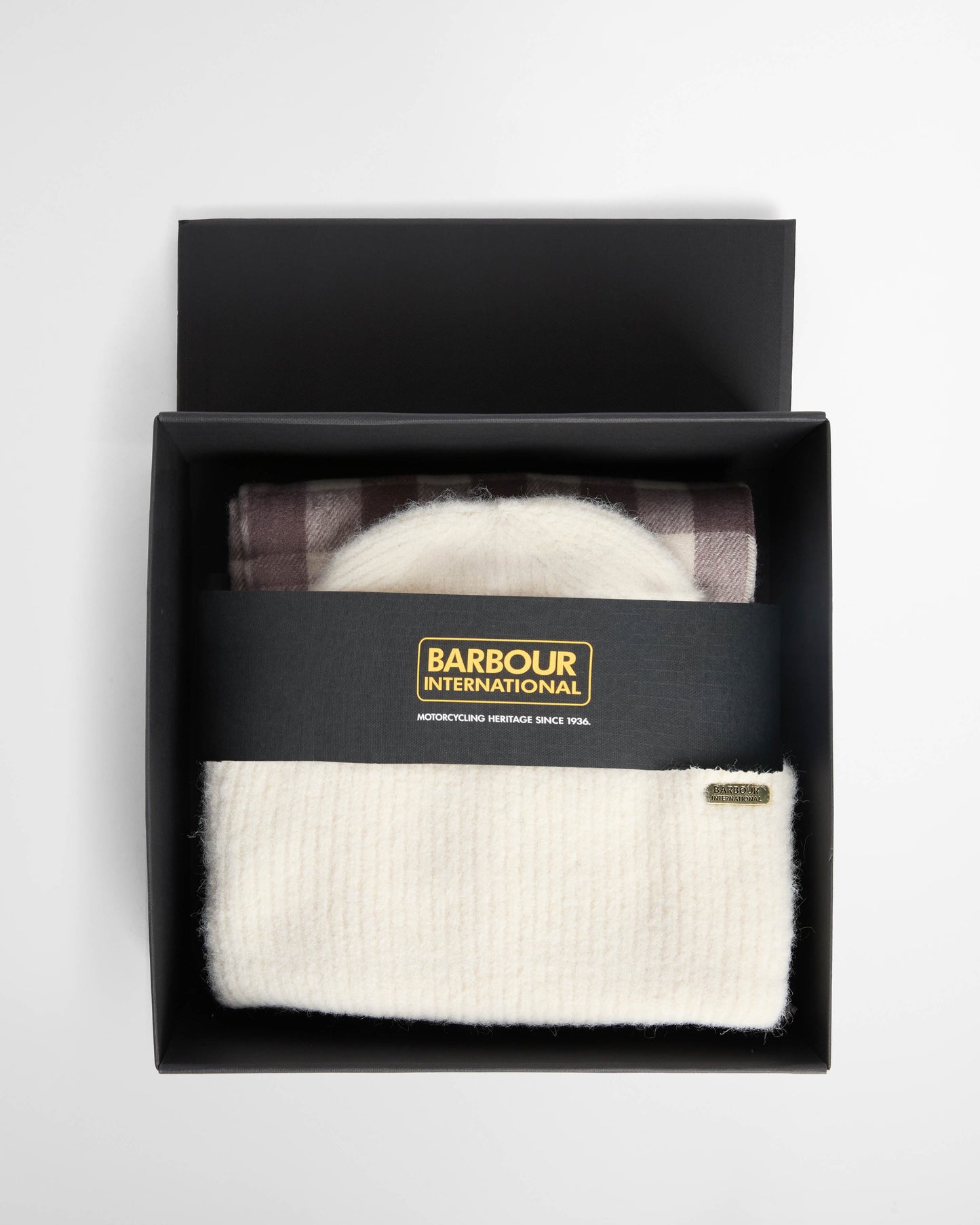 Barbour International Kemora Womens Beanie & Scarf Gift Set - Moonbeam/Truffle | CHO | Designer Womens Accessory Gift Sets