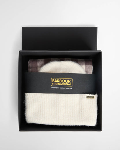 Barbour International Kemora Womens Beanie & Scarf Gift Set - Moonbeam/Truffle | CHO | Designer Womens Accessory Gift Sets